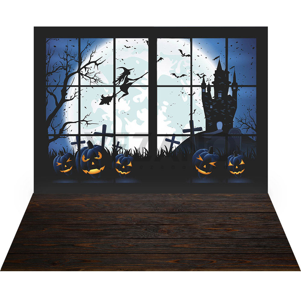 Avezano Halloween Full Moon and the Witch 2 pcs Set Backdrop-AVEZANO